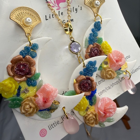 Colorful Floral Moon Earrings - Picture 1 of 8